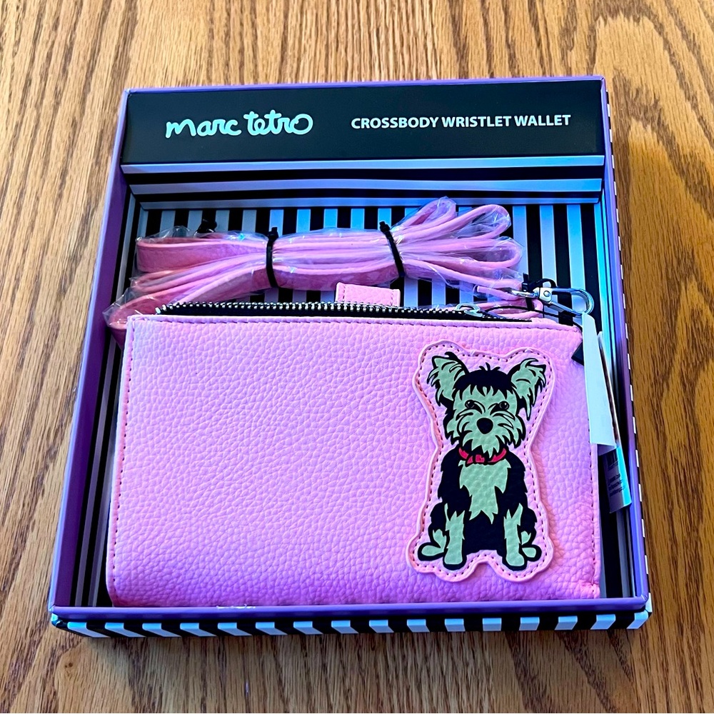 NIB Marc Tetro Yorkshire Terrier Pink Crossbody Wristlet Wallet